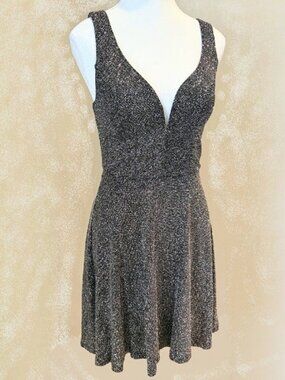Metallic Mini-Rhinestone look Fit & Flare Sleeveless V-Neck Dress Crystal Doll